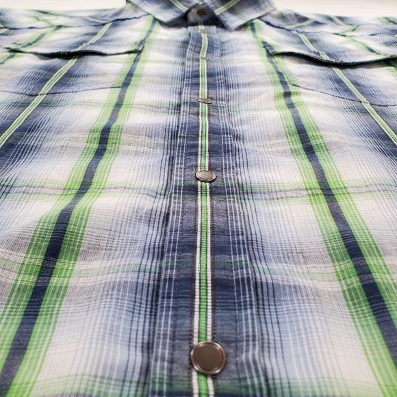 Prana Shirt Men XL Blue Green Madras Plaid Silver Snap Casual Button Up Western - Picture 3 of 15